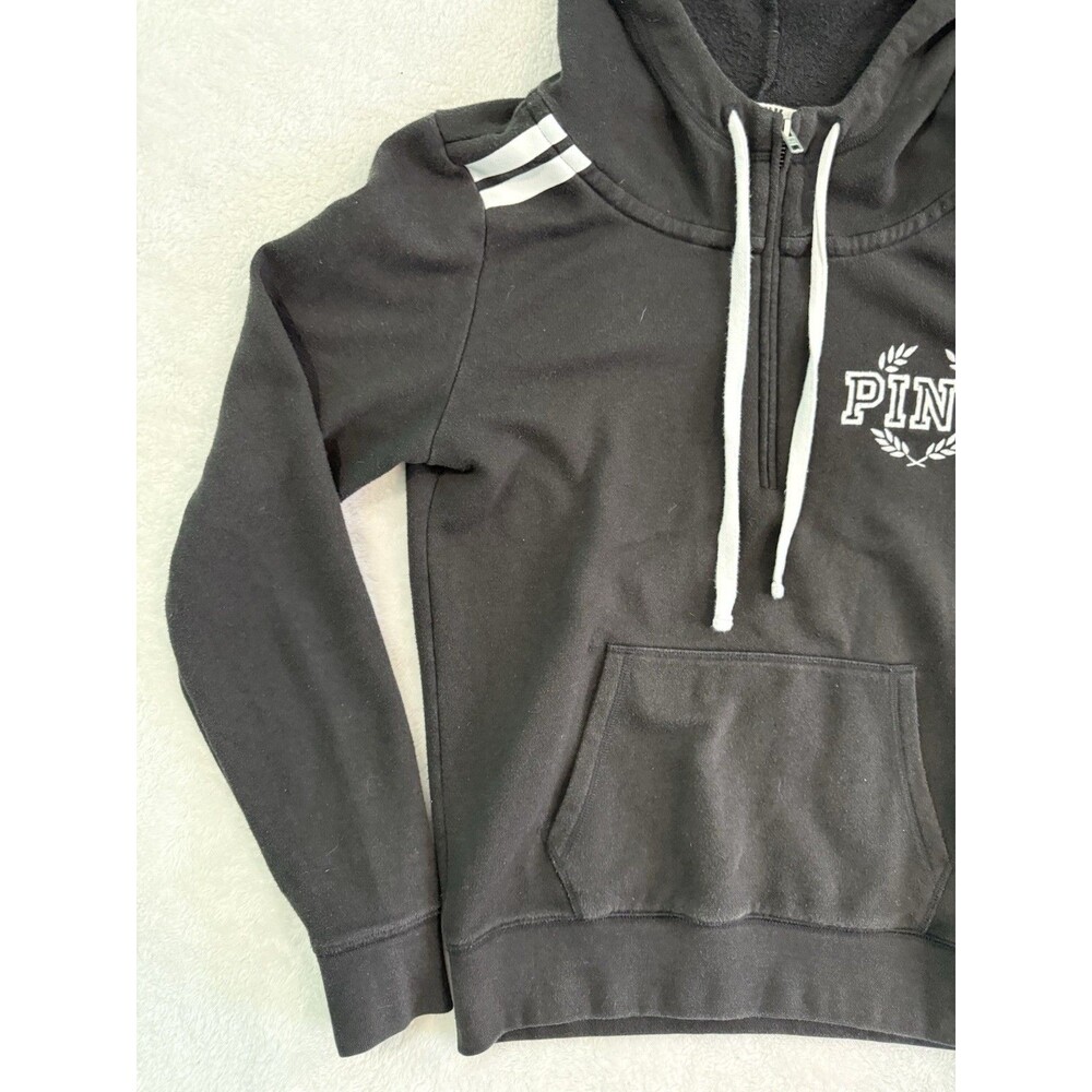 Victoria's Secret PINK Hoodie Womens M Black White Logo Sweatshirt Stripes - Picture 3 of 7